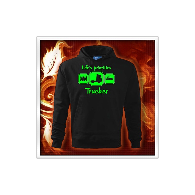 Life´s priorities - Trucker - čierna mikina so zelenou neónovou potlačou