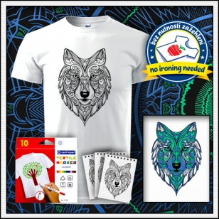 Detské biele antistresové vyfarbovacie tričko s mandalou vlka