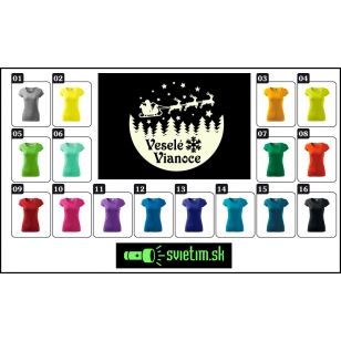 Dámske farebné tričko VESELÉ VIANOCE so svietiacou VIANOČNOU potlačou na tričku so SANTOM