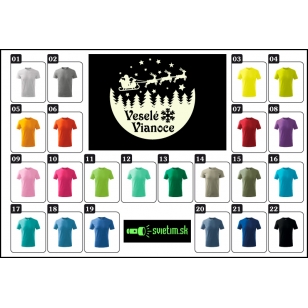 Detské farebné tričko VESELÉ VIANOCE so svietiacou VIANOČNOU potlačou  na tričku so SANTOM