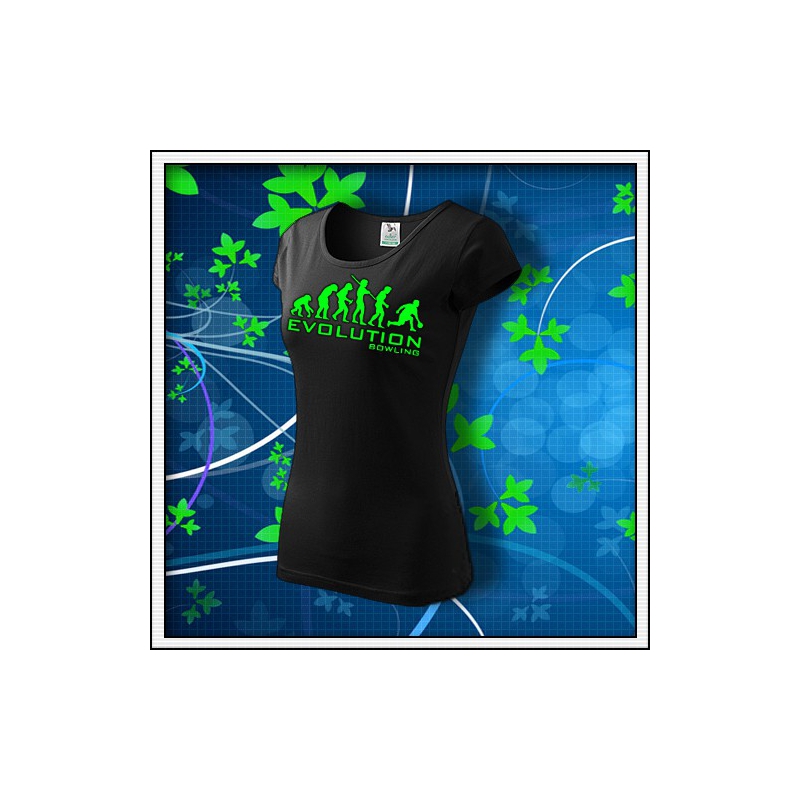 Evolution Bowling - dámske tričko so zelenou neónovou potlačou