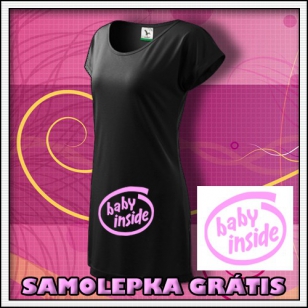 Baby Inside s ružovou potlačou - čierne tričko / šaty + SAMOLEPKA