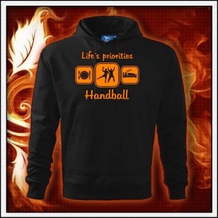 Life´s priorities - Handball - čierna mikina s oranžovou neónovou potlačou