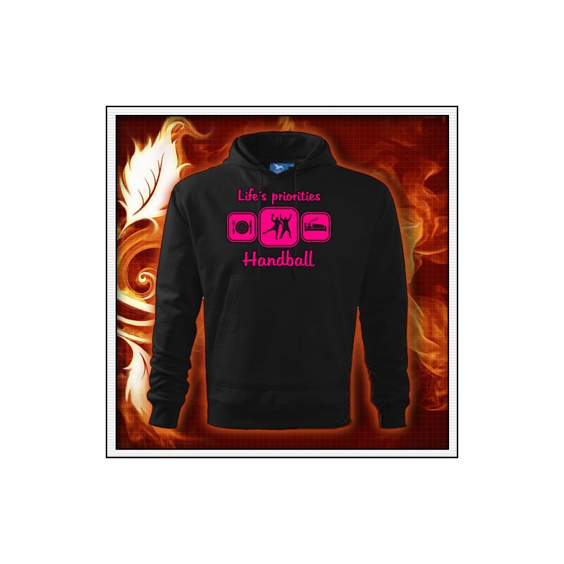 Life´s priorities - Handball - čierna mikina s ružovou neónovou potlačou