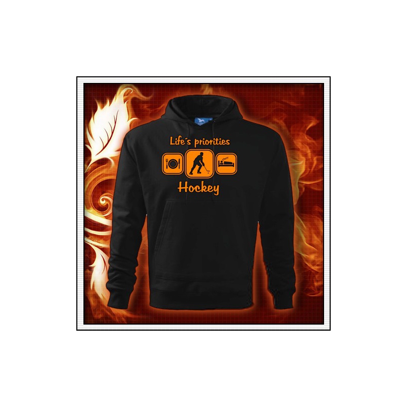 Life´s priorities - Hockey - čierna mikina s oranžovou neónovou potlačou