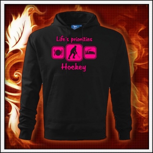 Life´s priorities - Hockey - čierna mikina s ružovou neónovou potlačou